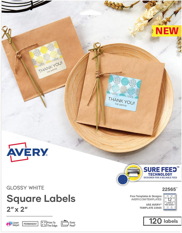 Avery Printable Blank Square Labels, 120 Customizable 2" x 2" Glossy White Labels (22565)