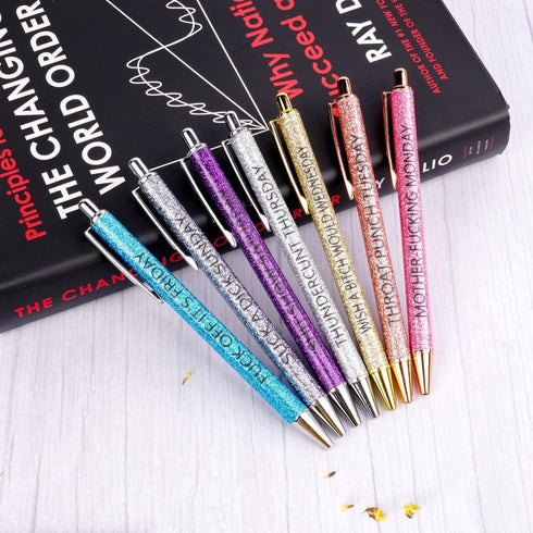 Jxueych 7 Pcs Funny Ballpoint Pen Set Gift for Coworker, Days of The Week Daily Glitter Pen, Black Ink Medium Point