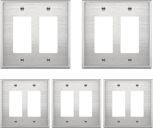 LIDER Dual Decorator Metal Wall Plate, 5 Pack, Impact Resistant Stainless Steel Outlet Receptacle/Light Switch Cover