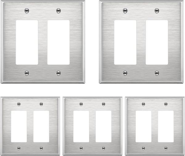 LIDER Dual Decorator Metal Wall Plate, 5 Pack, Impact Resistant Stainless Steel Outlet Receptacle/Light Switch Cover