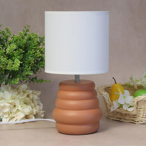 LT1168-TER 12.68" Simple Designs Chic Glow Mini Stacked Ceramic Table Lamp, Monochromatic Fabric Shade, Small Accent