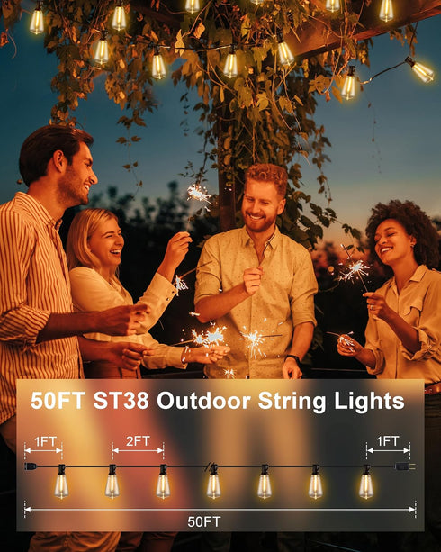 50FT IP65 27 Bulbs, Dimmable ST38 Patio String Lights Plug in LED Outdoor String Lights with Waterproof Connectable