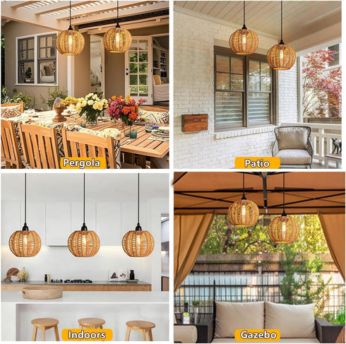 TWINKVILLA 2Pack Battery Operated Chandelier, Hanging Gazebo Lights, Cactus Shape Boho Rattan Pendant Lights Outdoor