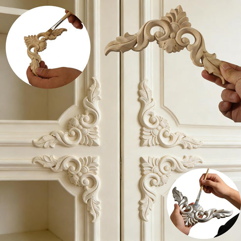 Nsrisml 5Pcs (12x12cm/4.72"x4.72") Wood Carved AppliquesOnlays Unpainted Wooden Corner Carving Decals for Mirrors