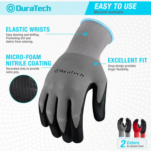 DURATECH Micro-Foam Nitrile Safety Work Gloves, 6 Pairs, Non-slip Dot Coated Gloves, with Touchscreen Capability, Ideal for General Purpose (Grey and Red, L)