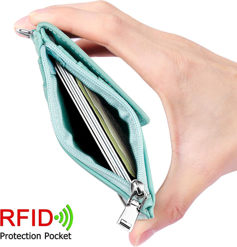 ELV Badge Holder with Zipper, PU Leather ID Card Holder Wallet, 5 Card Slots, RFID Blocking Pocket, Mint