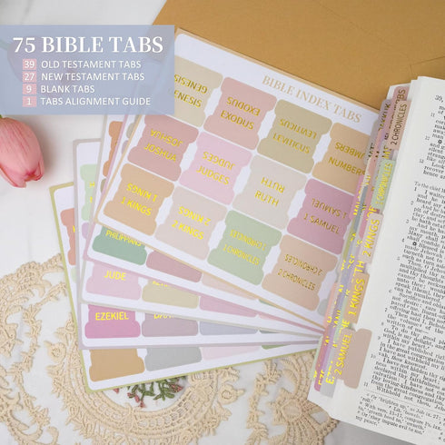 JIXZEN 75 Bible Tabs for Women and Men, Laminated Embossed Gold Foil Index Tabs, Durable Bible Study and Journaling