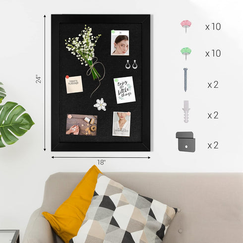 Board2by Black Cork Board Bulletin Board with Linen, Wood Framed 24" x 18" Corkboard, Wall Mounted Pin Board