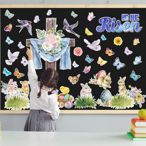 Easter Bulletin Board Decorations, He is Risen Cutouts with Glue Point for Spring Jesus Resurrection Classroom Decor