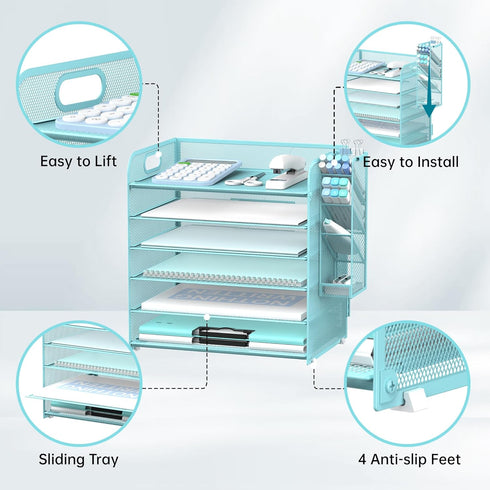 SUPEASY 6 Tier Paper Organizer with 4 Pen Holders, Mesh Desk Organizer Letter Tray with Handle, Blue