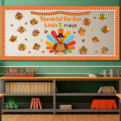 Thanksgiving Turkey Bulletin Board Set, Fall Classroom Decoration with Autumn Maple Leaves Cutouts