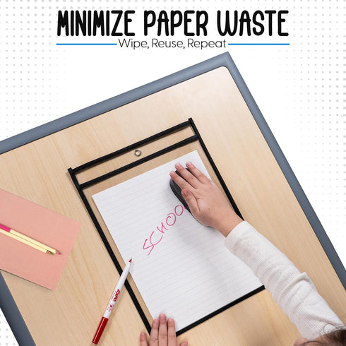 Essex Wares 6 Pack, Black Dry Erase Pocket Document Protectors, 10" x 13.5" - Reusable Plastic Sleeves