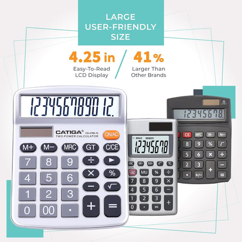 CATIGA 12 Digits Desktop Calculator with Large LCD Display, Dual Solar Power and Battery for Office and Home