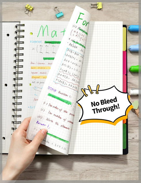 SUNEE Graph Paper Notebook, 300 Pages, 5 Subject, 8.2"x10.8", 5 x 5mm Grid, 5 Pocket Colored Dividers, 3-Hole Punched