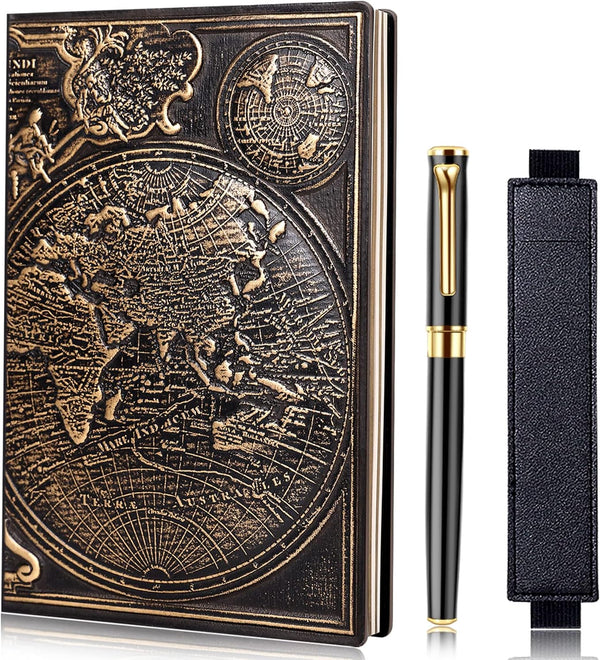 Vintage Map Embossed Leather Notebook – Travel Journal, Daily Notepad, Antique Handmade, Lined Hardcover, A5