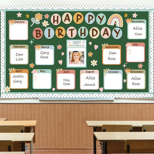 Boho Happy Birthday Bulletin Board Decorations Set with Rainbow Chart and Cutouts for School Calendar and Birthday