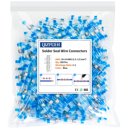 200Pcs Solder Seal Wire Connectors, 16-14 Gauge Blue Heat Shrink Wire Connectors for Marine Automotive Trailer Wiring