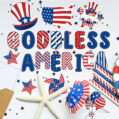 Whaline 95Pcs Patriotic Classroom Bulletin Board Decoration Kit God Bless America Cartoon 4th of July Cutouts for Decor