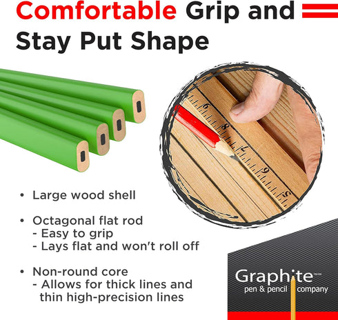 GRAPHITE Hard Lead Carpenter Pencil #2, Industrial Pencil for Wood Working Tools Marking - Pack of 12 PCS