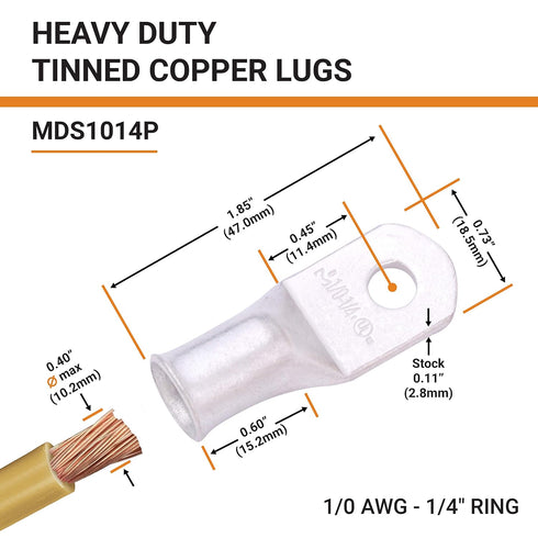 SELTERM 10pcs 1/0 AWG-1/4" Stud Tinned Copper Wire Lugs, Heavy Duty Battery Cable Ends,0 Gauge Ring Terminals, UL Battery Lugs Marine Grade Copper Eyelets Electrical Battery Terminal Connectors