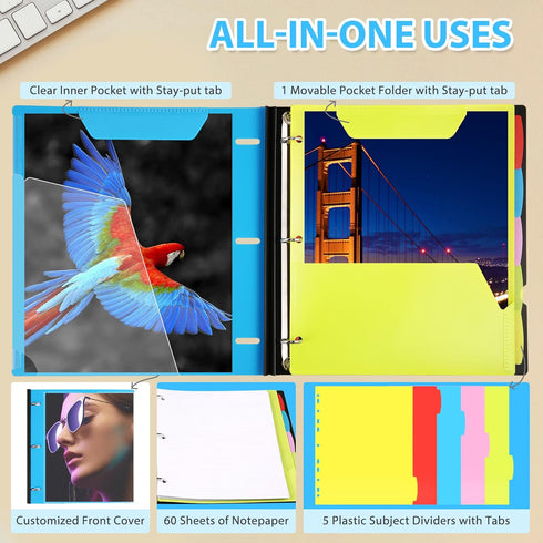 WOT I All-in-one Telescoping Binder Notebook, Refillable 3 Ring Binder, Blue, with 5 Subject Dividers