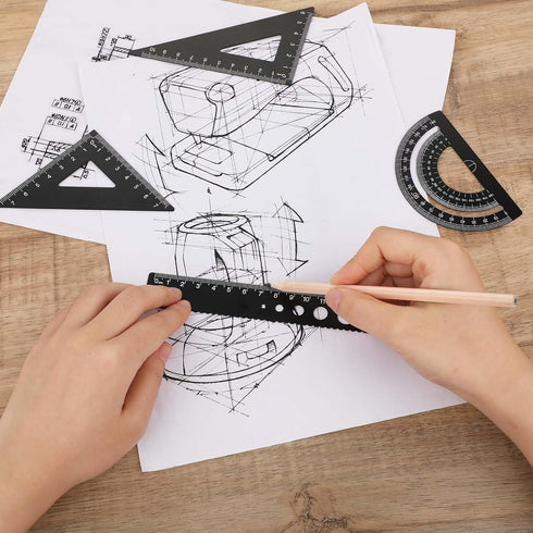 Styquenzer 5Pcs Set, Set, 6/8 Inches Metal Geometry Math Drafting Ruler Kit Aluminum Triangle Rulers Metal Ruler