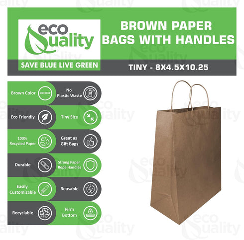 8 4.5 10.25 inches 50pcs EcoQuality - x x - - Small Brown Kraft Paper Bags with Handles, Shopping, Gift Bags, Party