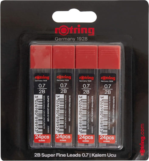 Rotring 0.7 mm 2B Super Polymer Pencil Lead Refills, 96 Leads, Pack of 4 Tubes