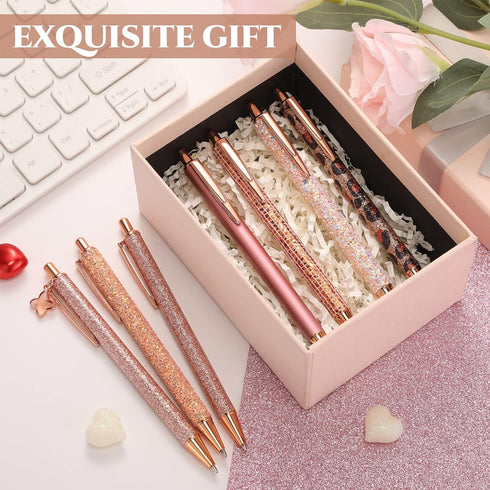 Sherr 7 Pcs Cute Fancy Pens for Women, Sparkly Glitter Pens, 10 Pcs Black Ink Refills, Pretty Gifts for Girls, Office,