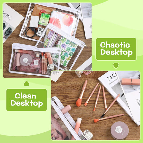 CHENGU 9 Pack Clear Waterproof Zipper Pouches for Cosmetic, Wallet, Pencil Organizing, Clear Travel Bags (White Side)