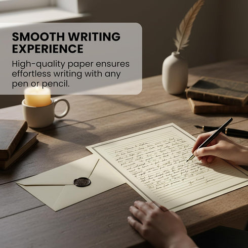 Set 48 8.5x11 Inch 24 Premium Letter Writing Stationery with Envelopes Sheets of Ecru Paper with Black Border & Writing