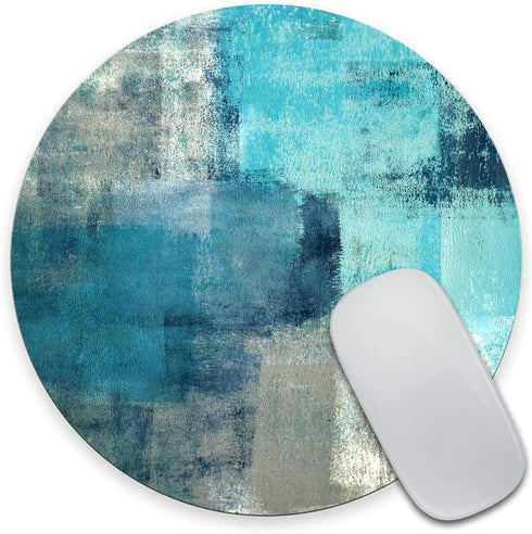 Turquoise and Grey Abstract Art Painting Mouse Pad, Anti-Slip Rubber Round Mousepads for Desktop, Notebook, Gaming