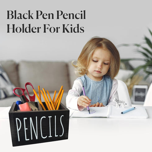 Wooden Pen Pencil Holder, Cute Office Organizer for Desk, 2 Compartment Storage Caddy, Black