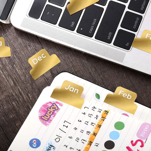 Outus 24 Pieces Monthly Adhesive Tabs for Planner, Decorative Stickers for Office Planners and Journal (Gold)