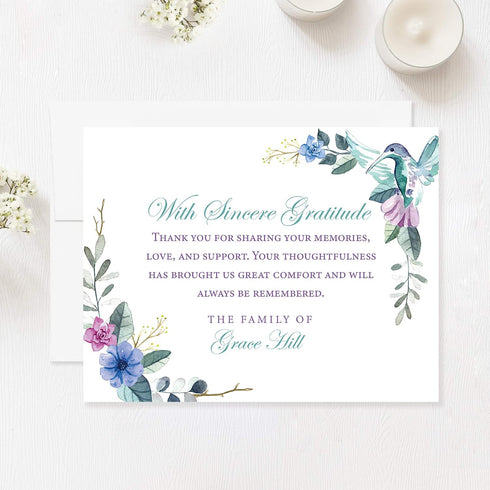 Hummingbird 5.5x4.25 Personalized Sympathy Thank You Cards, Funeral Thank You Cards, Bereavement Notes with Envelopes