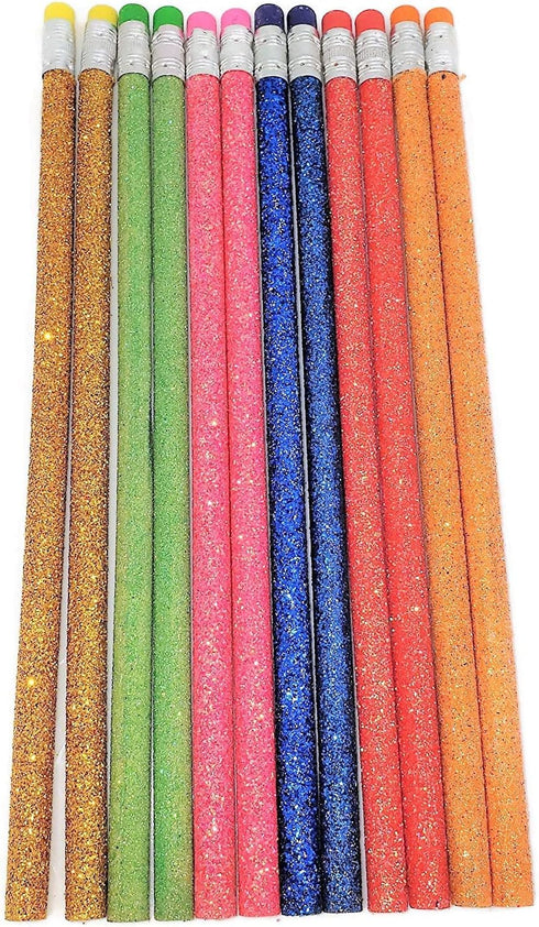 Sparkle Glitter Fun #2 Lead Pencils, 7.5" (36 Pack) in 6 Glitter Colors: Yellow, Red, Pink, Green, Blue, Orange