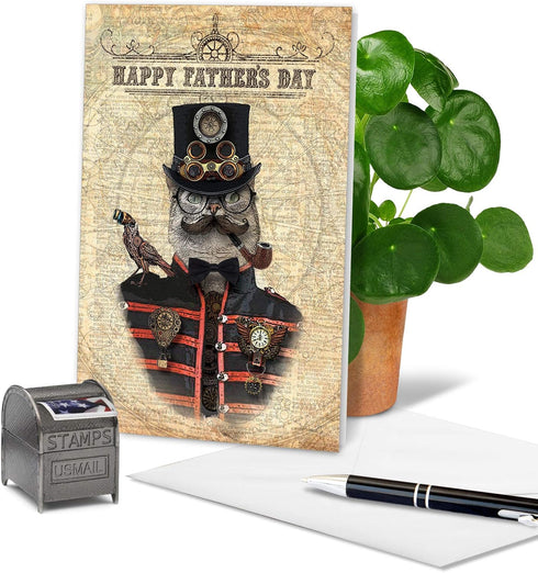NobleWorks Funny Father's Day Card for Dad, Pa, Pop, Daddy, Stepfather, Humor Notecard with Envelope, Steampunk Cat