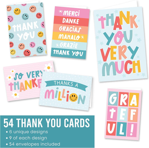 54 Hadley Designs Bulk Thank You Cards with Envelopes - Teacher Appreciation Cards, Cute Blank Card with Envelopes