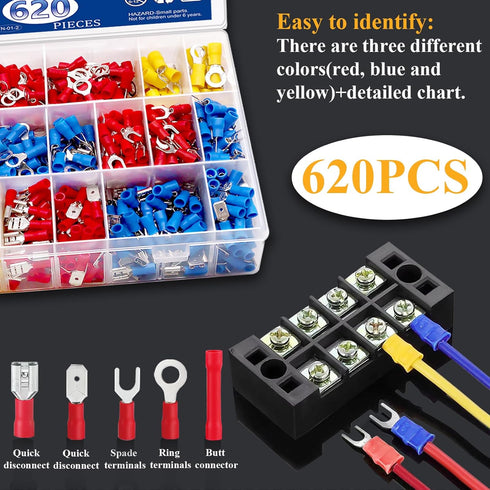 Tnisesm 620Pcs Insulated Wire Crimp Connectors Kit, Fork Ring Spade Butt Quick Disconnect Crimp Terminals Lugs Set,