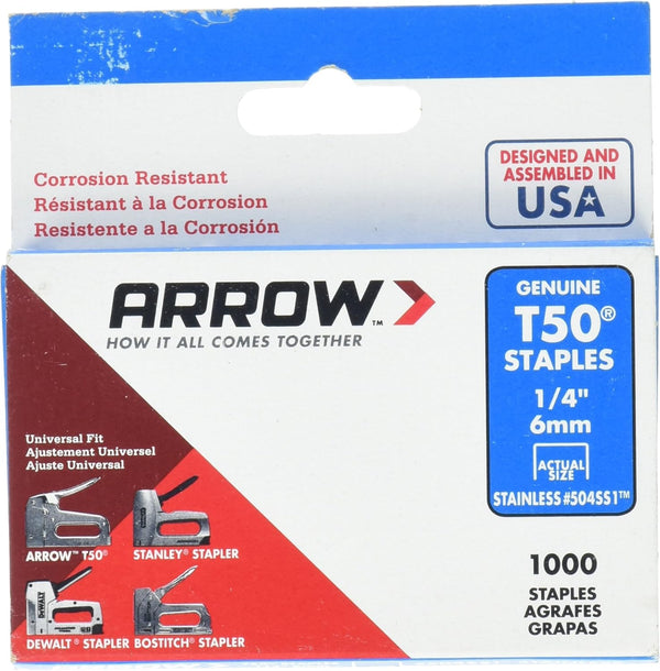 Arrow Fastener 504SS1 T50 Stainless Steel Staples, 1/4 in.