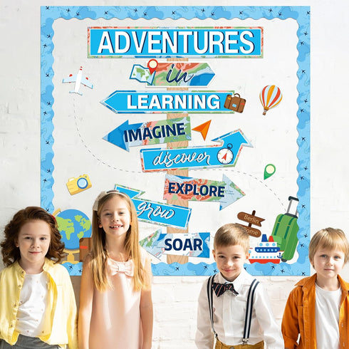 Travel The Map Bulletin Board Cutouts, Let The Adventure Begin, Motivational Sign for Kids, Blue Classroom Decor