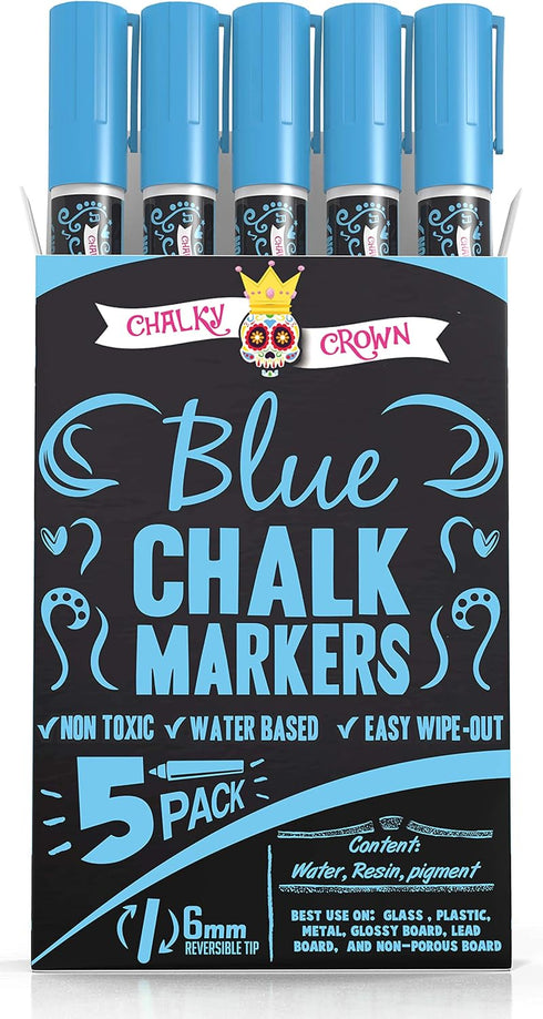 CHALKY CROWN Liquid Chalk Marker Pen, Dry Erase Marker for Chalkboard Signs, Windows, Glass (6mm Reversible Tip, Blue,