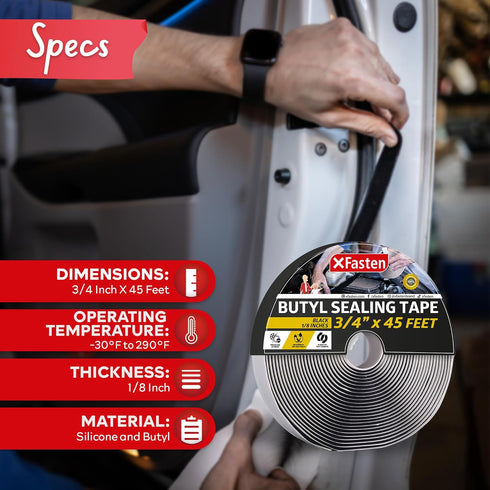 Butyl Tape RV Black, 3/4 in x 45 Ft, 1/8 in Thick, Leak Proof Butyl Putty Tape