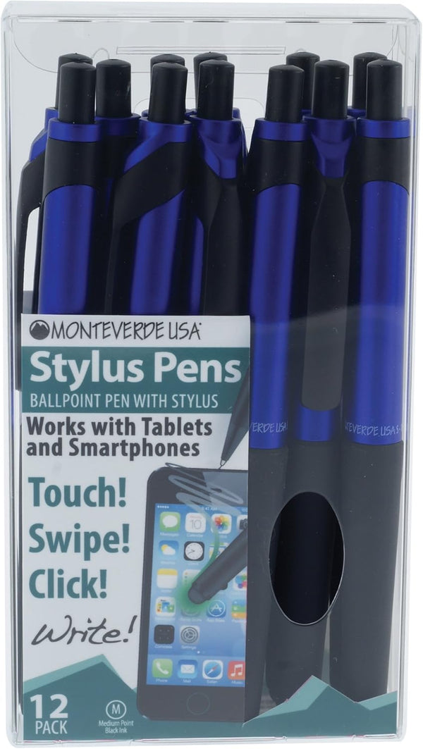 Monteverde S-106 Clip Action One-Touch Ballpoint Pen with Front Stylus, Blue, 12/Pack