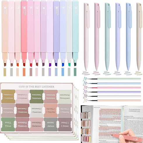 Bible Journaling Kit, Bible Study Supplies with 12Pcs Aesthetic Highlighters No Bleed, 75 Bible Tabs and 6Pcs Color Ink
