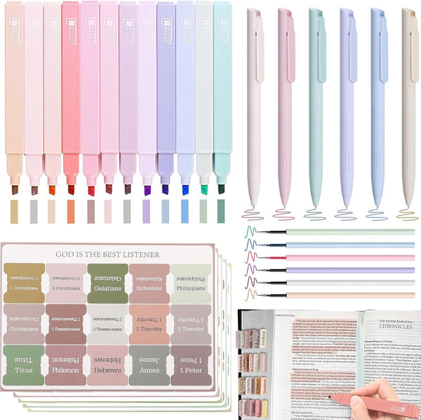 Bible Journaling Kit, Bible Study Supplies with 12Pcs Aesthetic Highlighters No Bleed, 75 Bible Tabs and 6Pcs Color Ink