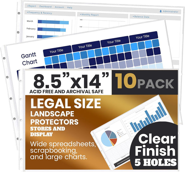 PERFORMORE 10 Pack Heavyweight Landscape Sheet Protectors, 8.5” x 14” Clear Archival Quality for Binders
