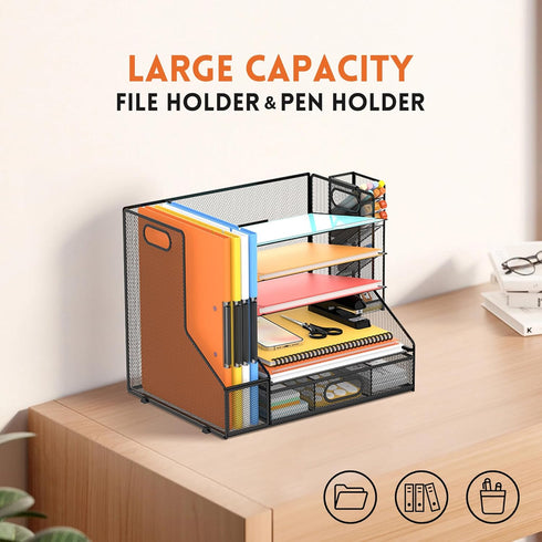 DALTACK Mesh Desk Organizer, 5-Tier Paper Letter Tray with File Holder, Pen Holder & Sliding Drawer for Office
