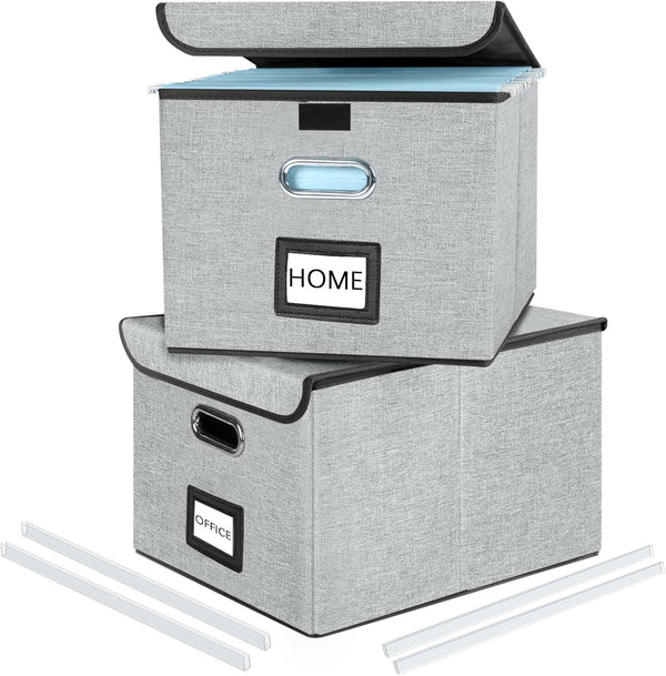 Huolewa Upgraded Collapsible File Storage Organizer Boxes with Lids, Portable Large Linen Filing Storage Boxes (Grey) -