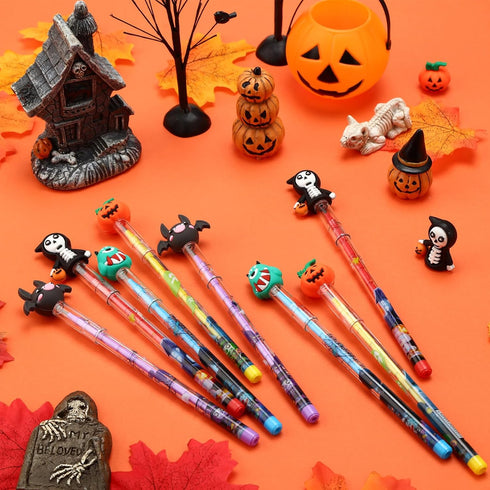 Qilery 24 Pcs Halloween Pencils Bulk, Stackable Pencils with Top Eraser for Kids Halloween Party Supplies